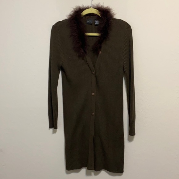 Vintage Sweaters | Y2k Vintage Xhilaration Faux Fur Collar Longline Cardigan Sweater | Color: Brown | Size: M | Ariesapparel's Closet